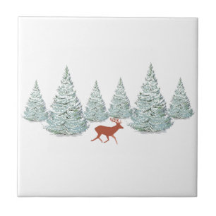 Festive Brown Deer under Snowy Spruce Trees Ceramic Tile