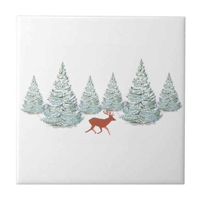 Festive Brown Deer under Snowy Spruce Trees   Ceramic Tile (Front)