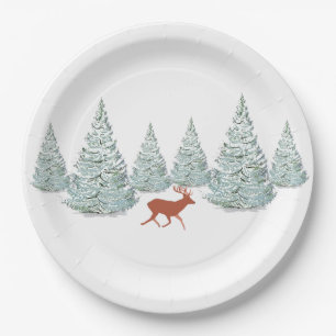 Festive Brown Deer under Snowy Spruce Trees   Paper Plates