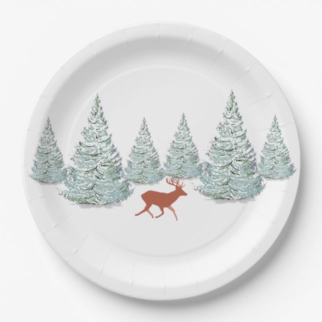 Festive Brown Deer under Snowy Spruce Trees   Paper Plates (Front)