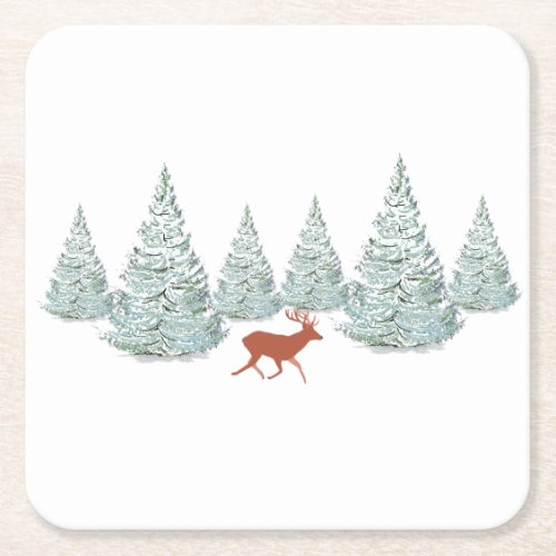 Festive Brown Deer under Snowy Spruce Trees   Square Paper Coaster