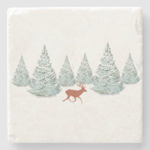Festive Brown Deer under Snowy Spruce Trees