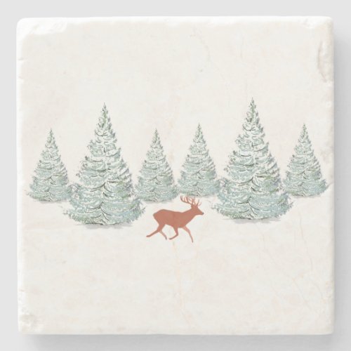 Festive Brown Deer under Snowy Spruce Trees   Stone Coaster