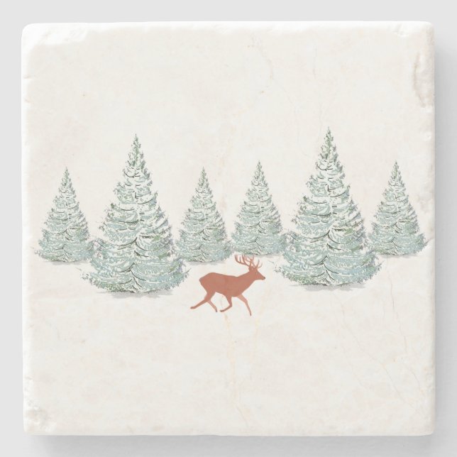 Festive Brown Deer under Snowy Spruce Trees   Stone Coaster (Front)