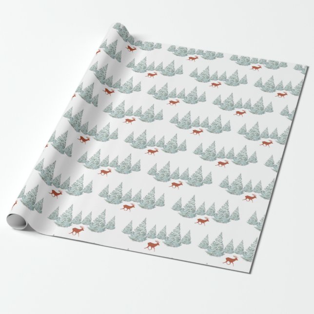 Festive Brown Deer under Snowy Spruce Trees White Wrapping Paper (Unrolled)