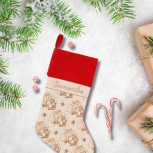 Festive Brown Gingerbread House Pink Trees Pattern Christmas Stocking