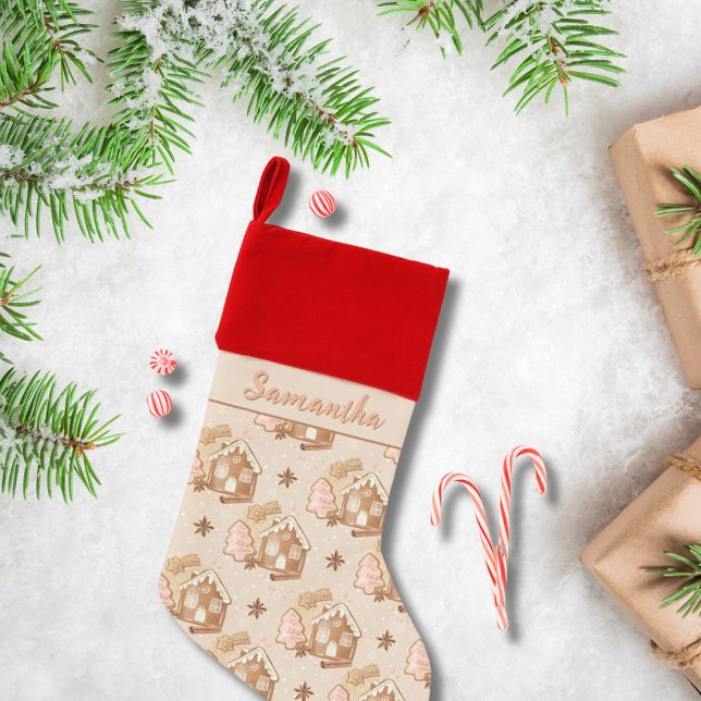 Festive Brown Gingerbread House Pink Trees Pattern Christmas Stocking (Creator Uploaded)