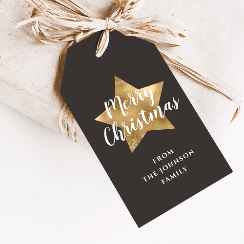 Festive Brown Gold Star Merry Christmas Gift Tags
