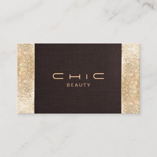 Customizable Fun Festive Brown Linen FAUX Gold Sequin Beauty Business Cards