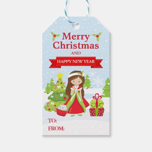 Festive Brunette haired Christmas Princess Gift Tags