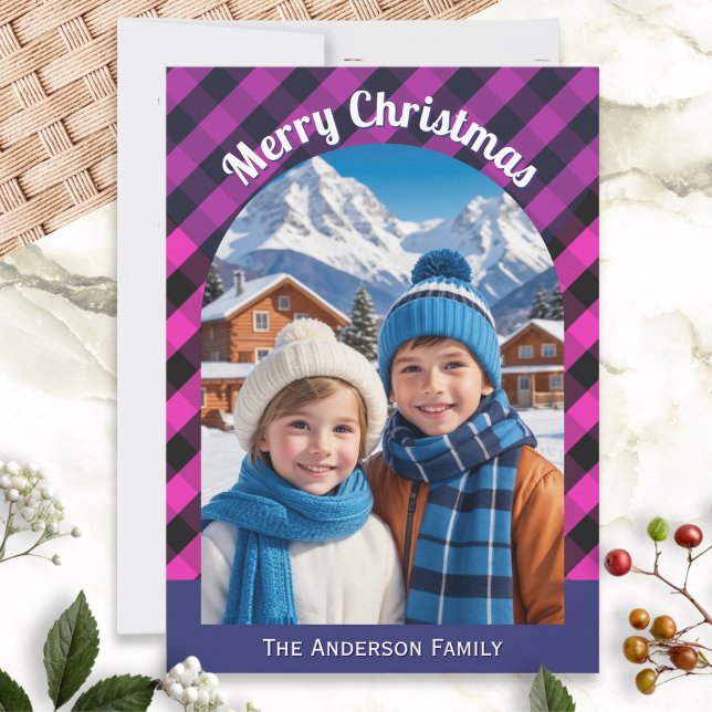 Festive Buffalo Check Plaid Patterned Custom Photo Holiday Card (A Christmas card with custom photo in an arch shaped surround of pink and black buffalo check)