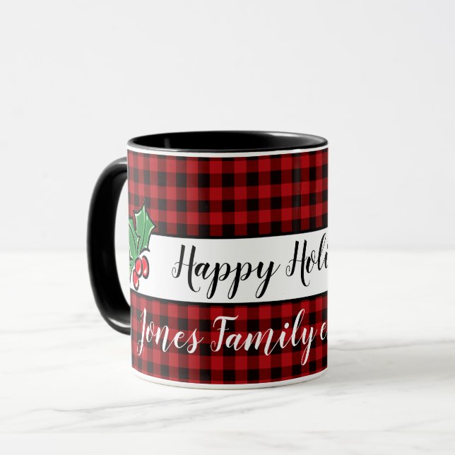Festive buffalo plaid holiday mug, customizable mug (Front Left)