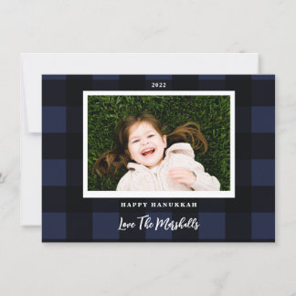 Festive Buffalo Plaid Navy Hanukkah Holiday Photo