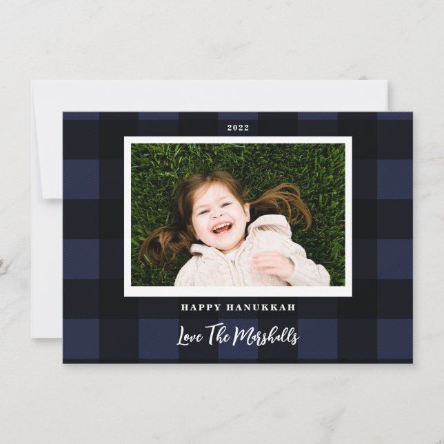 Festive Buffalo Plaid Navy Hanukkah Holiday Photo Card (Front)
