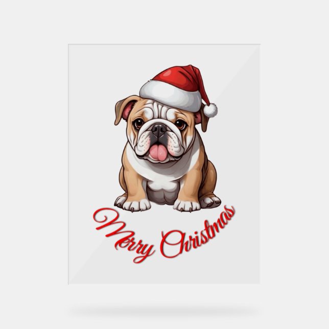 Festive Bulldog Merry Christmas Classic T-Shirt Acrylic Sign (Front)
