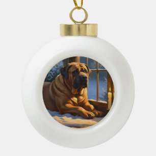 Festive Bullmastiff with Christmas Lights Holiday Ceramic Ball Christmas Ornament