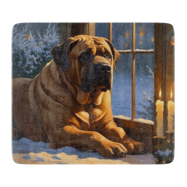 Festive Bullmastiff with Christmas Lights Holiday Cutting Board (Front)
