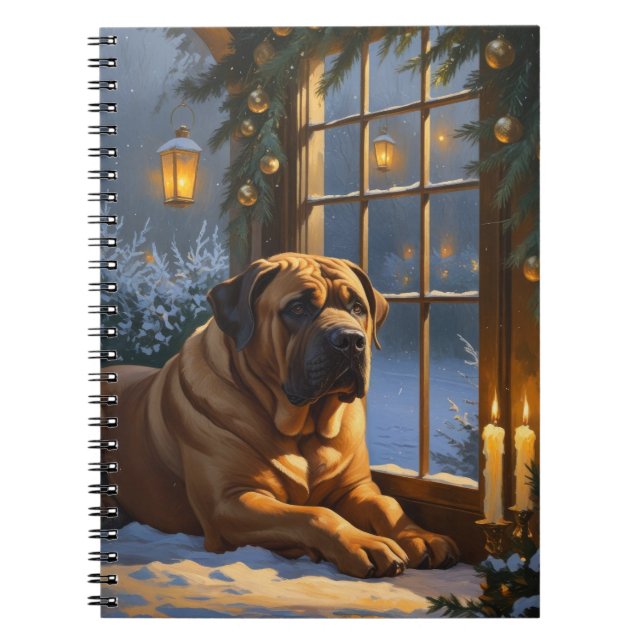 Festive Bullmastiff with Christmas Lights Holiday Notebook (Front)