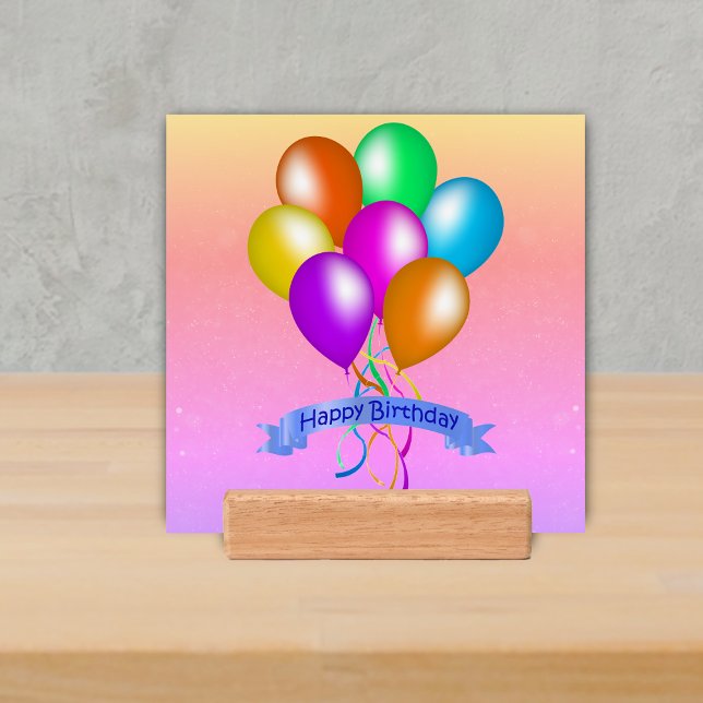 Festive Bunch Colourful Balloons Birthday Banner Holder (Bright colourful balloons streamers blue Happy Birthday banner on multi coloured small artwork.)
