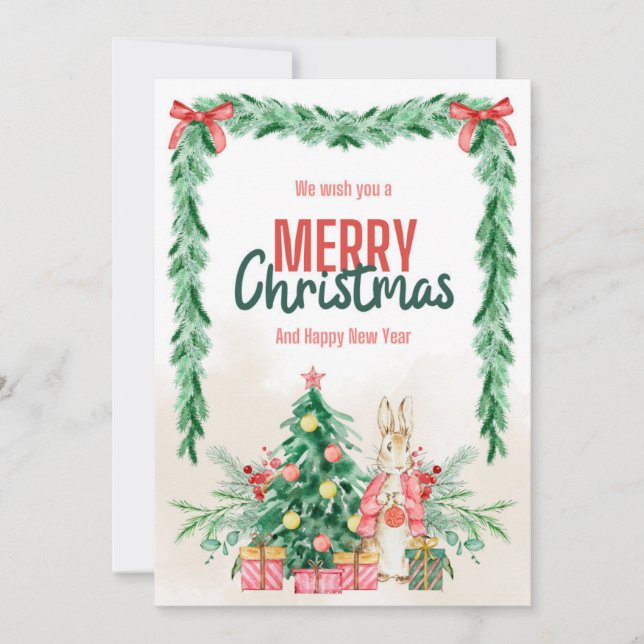 Festive Bunny and Christmas Tree Greeting Card (Front)