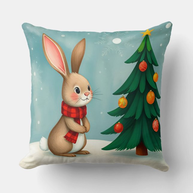 Festive Bunny Beside Decorated Christmas Tree Throw Pillow (Front)
