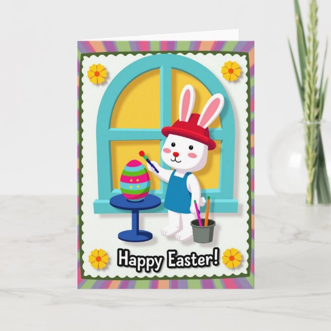 Festive Bunny Painting Egg Card (Front)