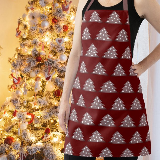 Festive Burgundy Christmas Tree Pattern Holiday Apron (Creator Uploaded)