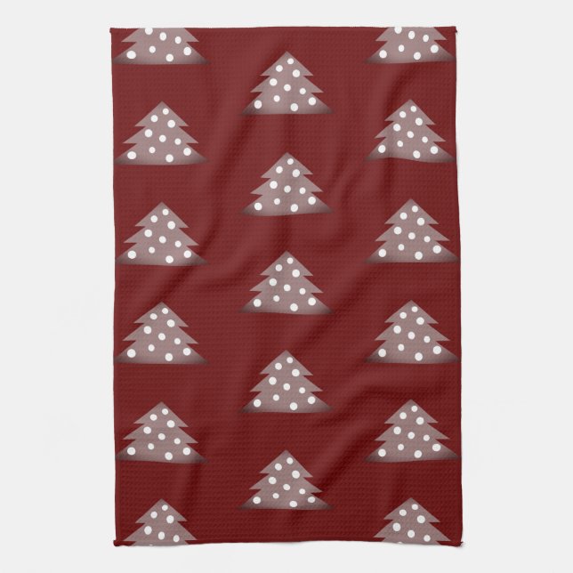 Festive Burgundy Christmas Tree Pattern Holiday  Kitchen Towel (Vertical)