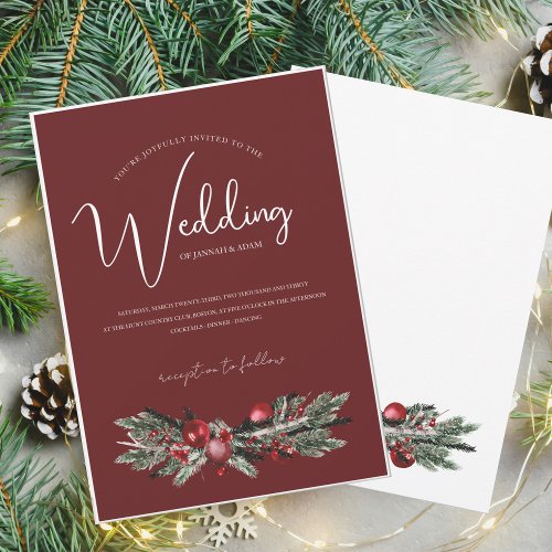 Festive Burgundy Green Winter Christmas Wedding Invitation