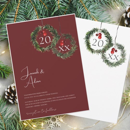 Festive Burgundy Green Winter Christmas Wedding Invitation