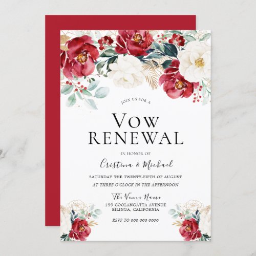 Festive Burgundy Red White Marriage Vow Renewal Invitation