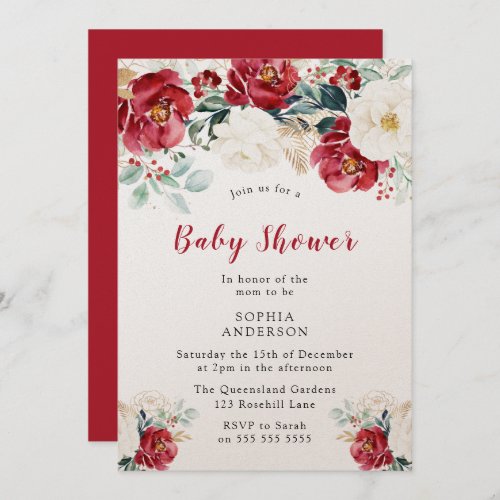 Festive Burgundy Red White Shimmer Baby Shower Invitation