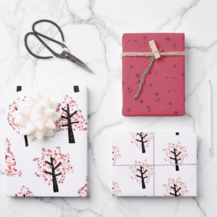 Festive Burgundy Snowflake Christmas Tree Wrapping Paper Sheets