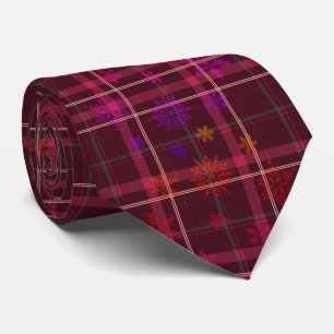 Festive Burgundy Snowflake Holiday Plaid Neck Tie