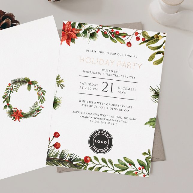 Festive Business Christmas Holiday Party Rose Gold Foil Invitation (Christmas Open House Red Berries Mistletoe Party Rose Gold Foil Invitation)