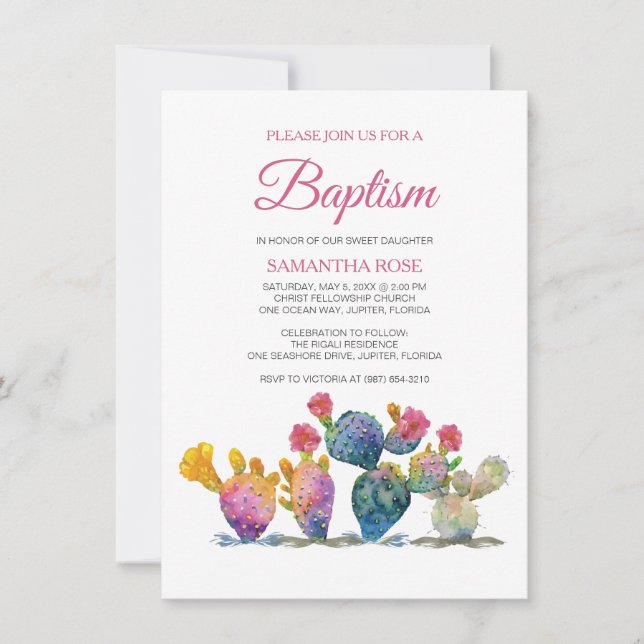 Festive Cactus GIRL BAPTISM Fiesta Invitation (Front)