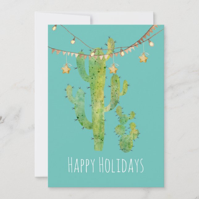 Festive Cactus Watercolor Holiday Card (Front)