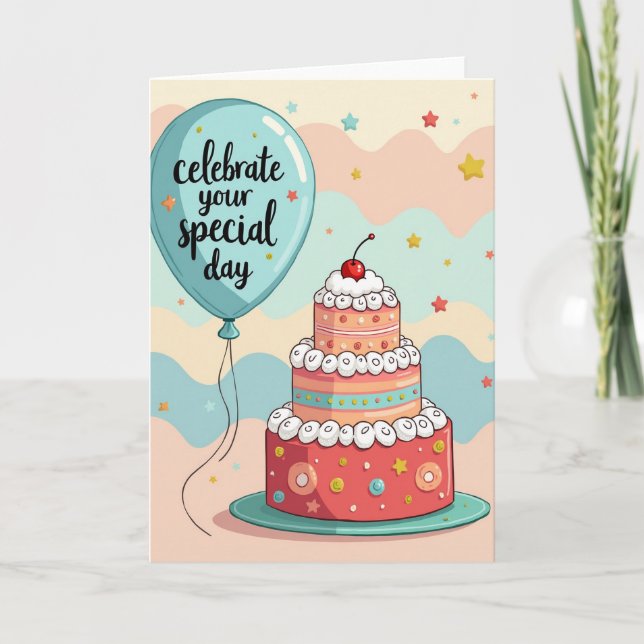 Festive Cake Balloon Card (Front)