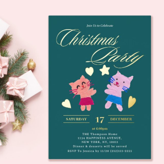 Festive calligraphy cats green Christmas party Foil Invitation (Creator Uploaded)