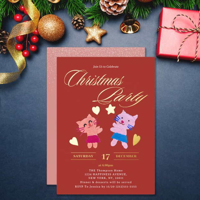 Festive calligraphy cute cats red Christmas party Foil Invitation (Creator Uploaded)