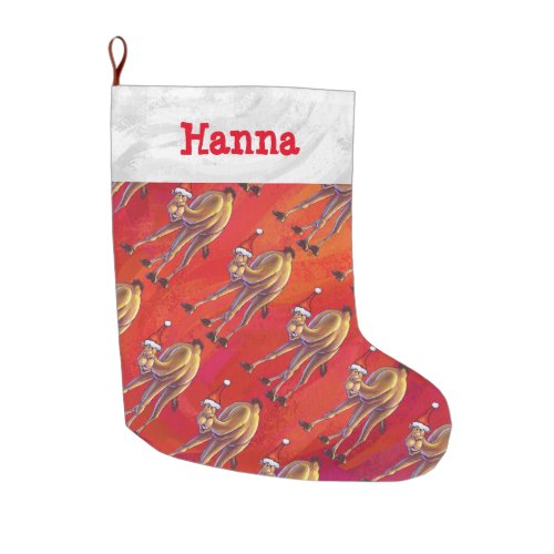 Festive Camel Personalized Heads and Tails On Red Large Christmas Stocking