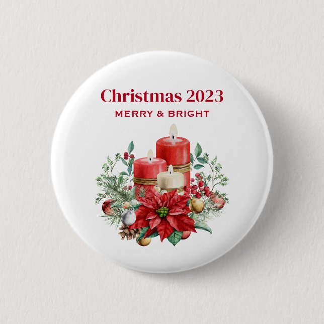 Festive Candles and Poinsettia Bouquet Christmas Button (Front)