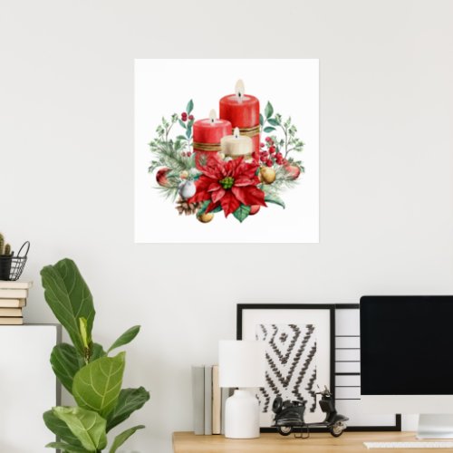 Festive Candles and Poinsettia Bouquet Christmas Poster