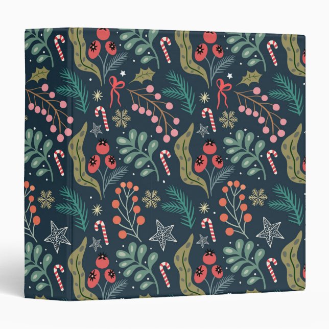 Festive Candy Cane and Holly Pattern 3 Ring Binder (Front/Spine)