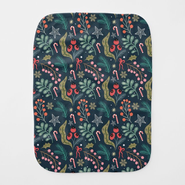 Festive Candy Cane and Holly Pattern Baby Burp Cloth (Front)