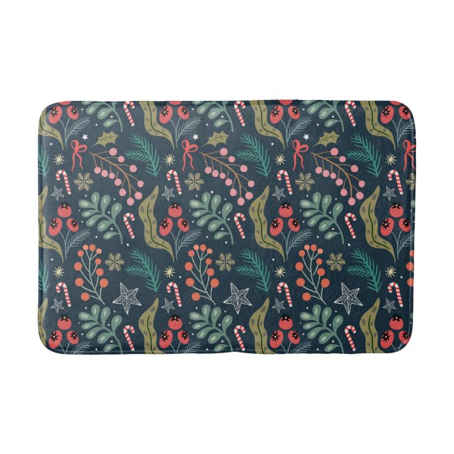 Festive Candy Cane and Holly Pattern Bath Mat (Front)