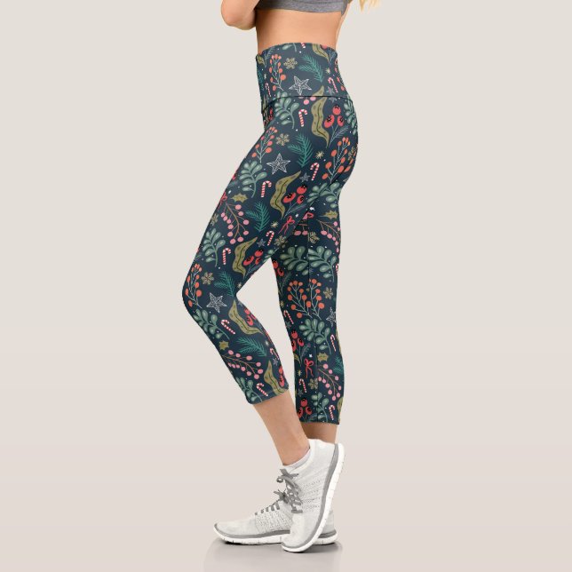 Festive Candy Cane and Holly Pattern Capri Leggings (Left)