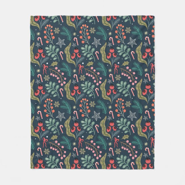 Festive Candy Cane and Holly Pattern Fleece Blanket (Front)