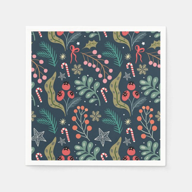 Festive Candy Cane and Holly Pattern Napkins (Front)