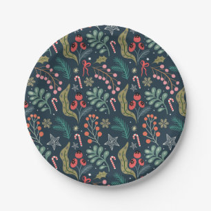 Festive Candy Cane and Holly Pattern Paper Plates